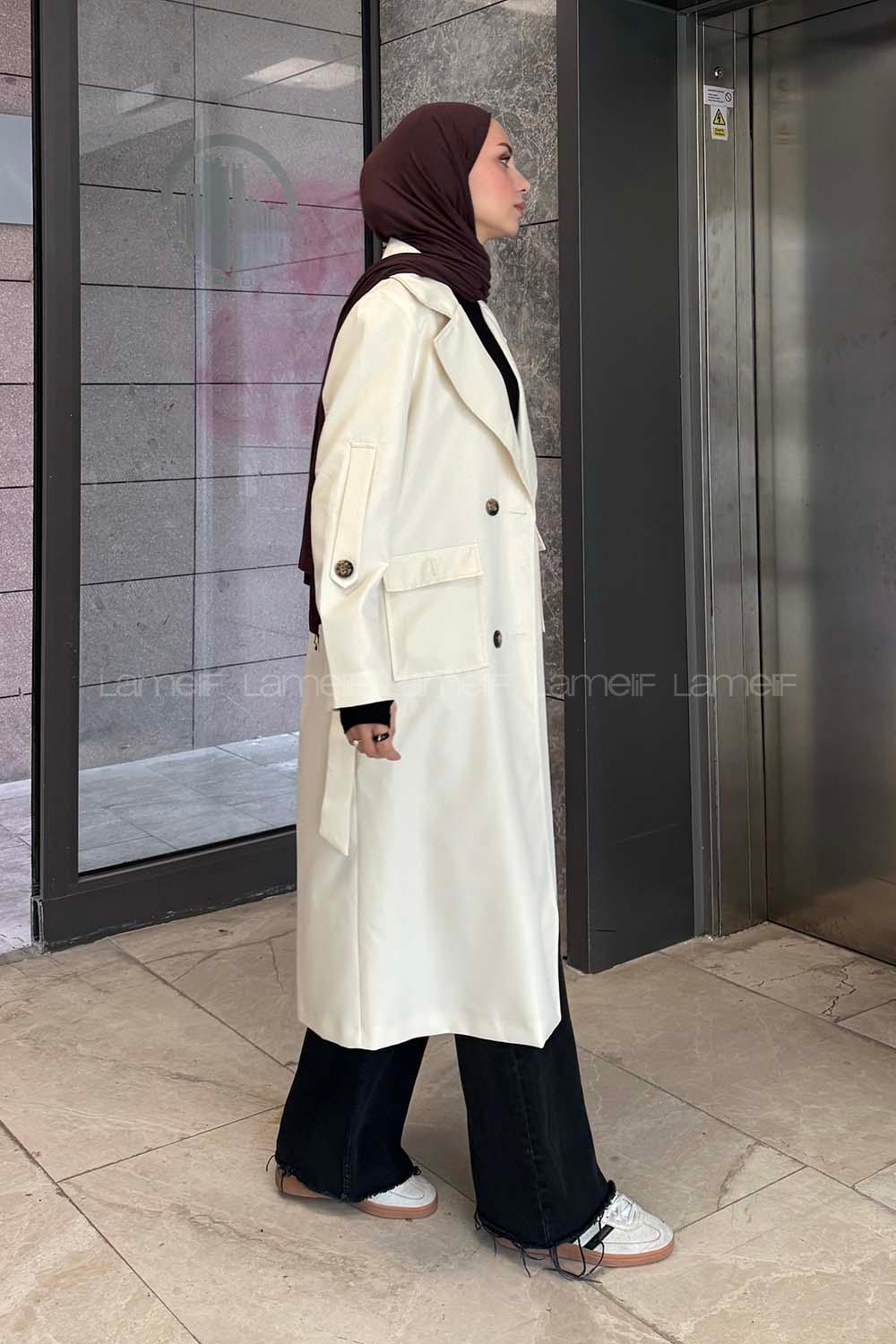 Lamelif Pelican Ön Düğmeli Trençkot Krem