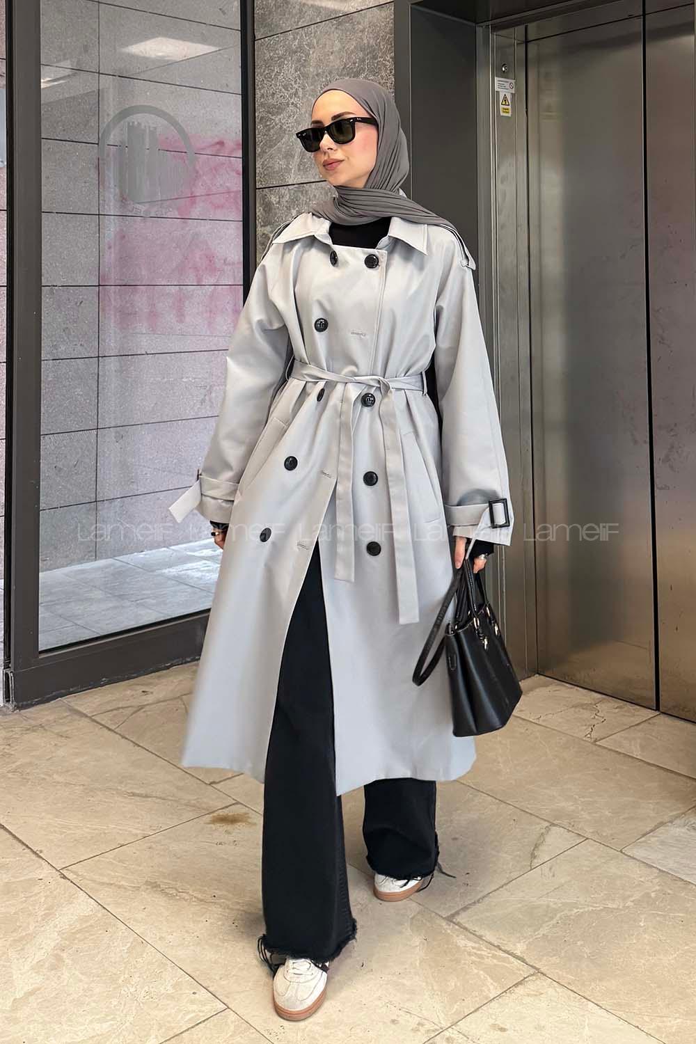 Lamelif Reglan Kol Düğmeli Trenç Gri