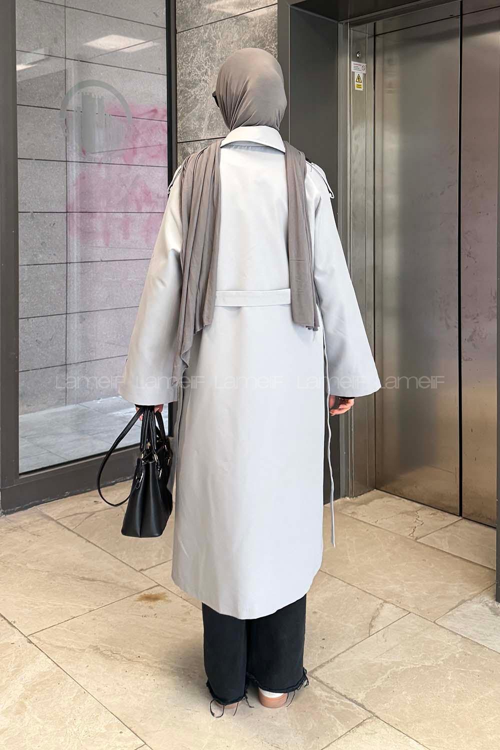 Lamelif Reglan Kol Düğmeli Trenç Gri