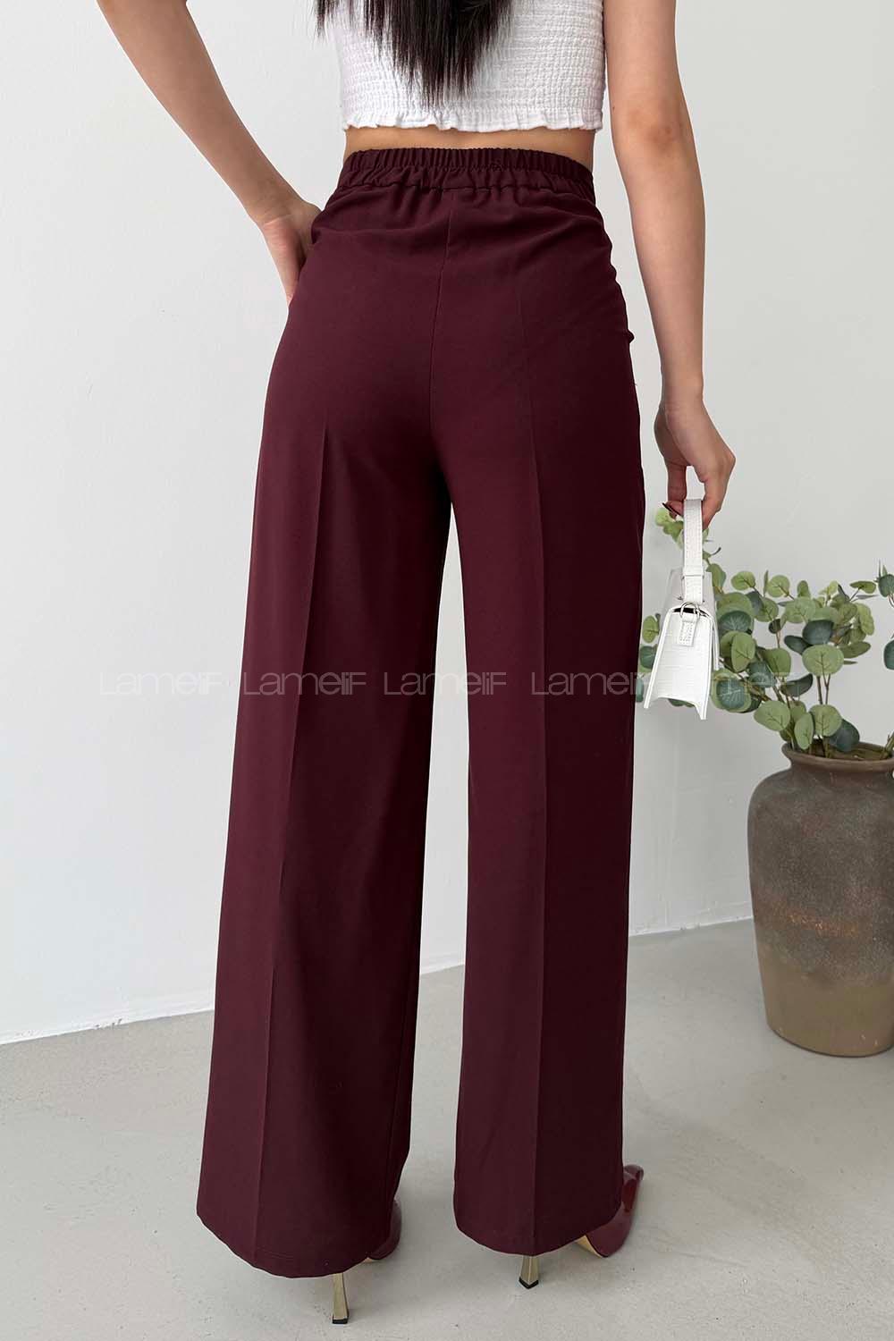 Claret Red Viscose Fabric Polyester High Waist Material Pants