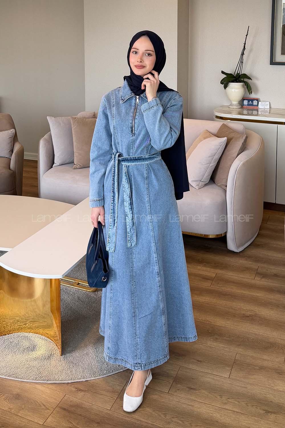 Ice Blue Shirt Collar Denim Dresess