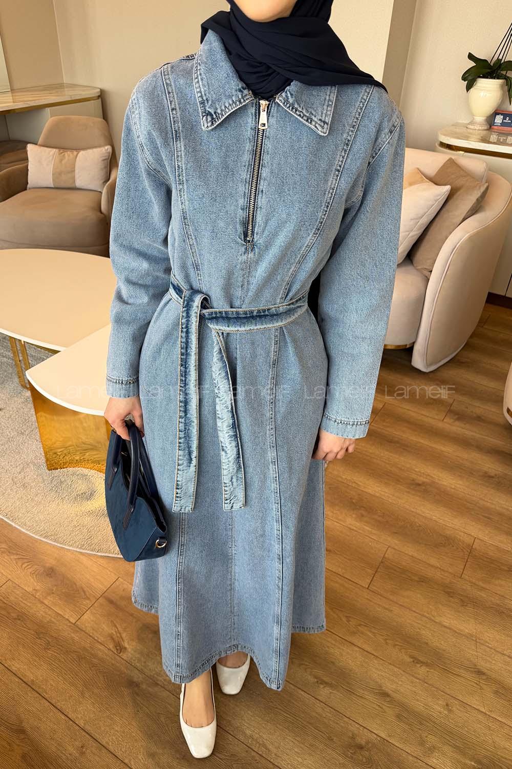 Ice Blue Shirt Collar Denim Dresess