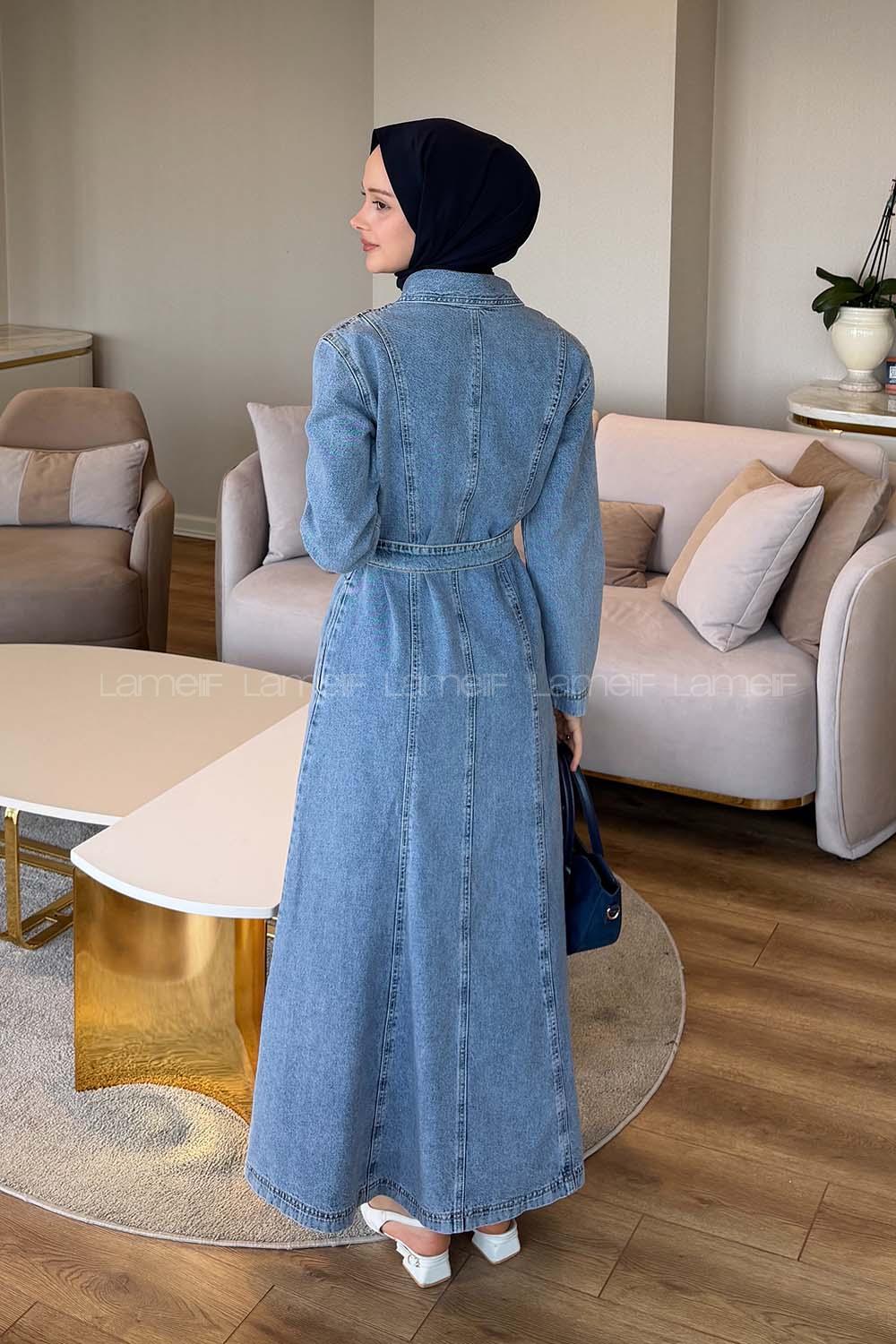 Ice Blue Shirt Collar Denim Dresess