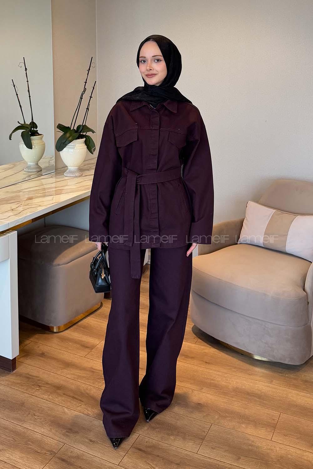 Lamelif Bağlama Detaylı Kot Takım Mürdüm