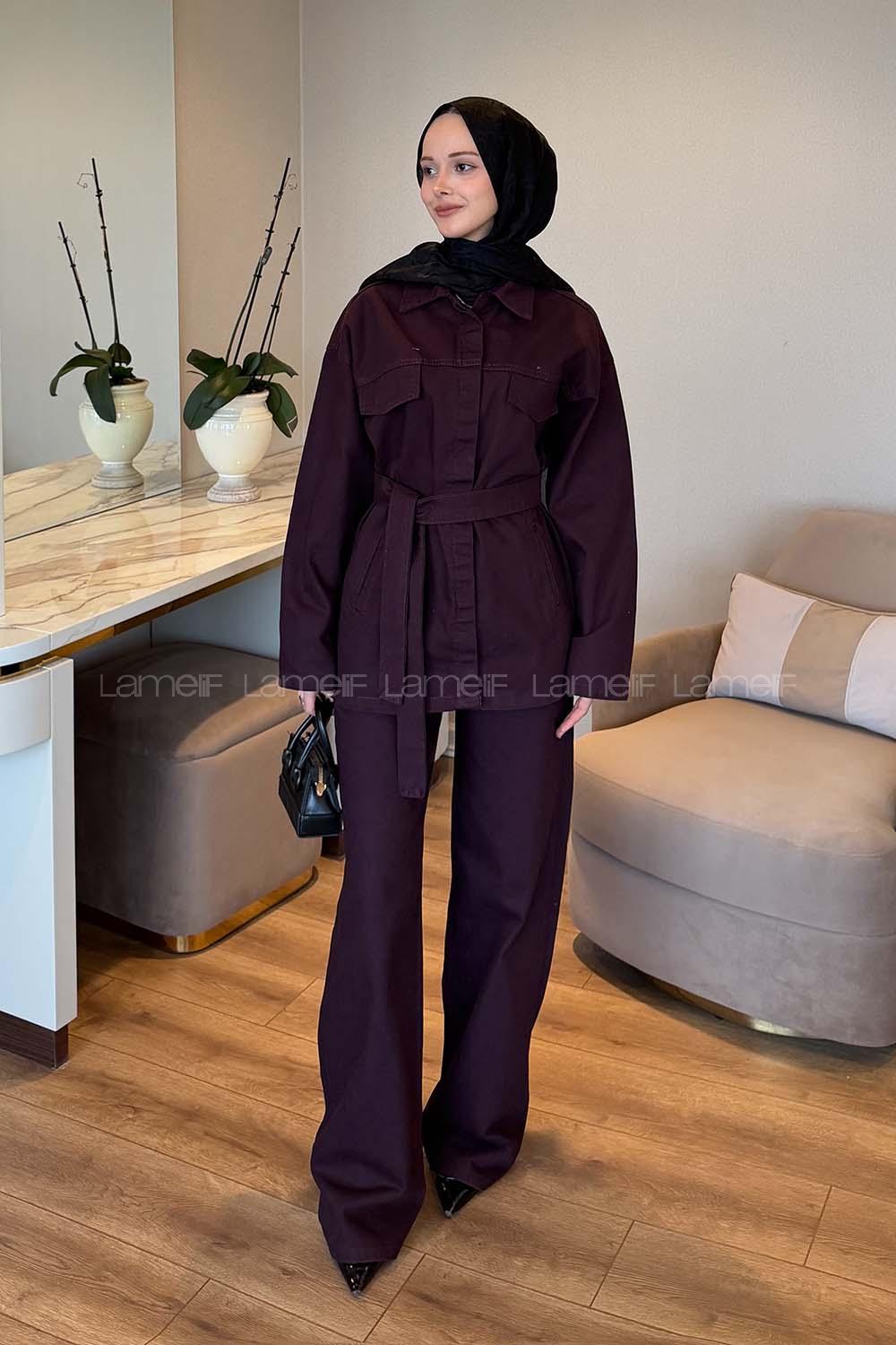 Lamelif Bağlama Detaylı Kot Takım Mürdüm