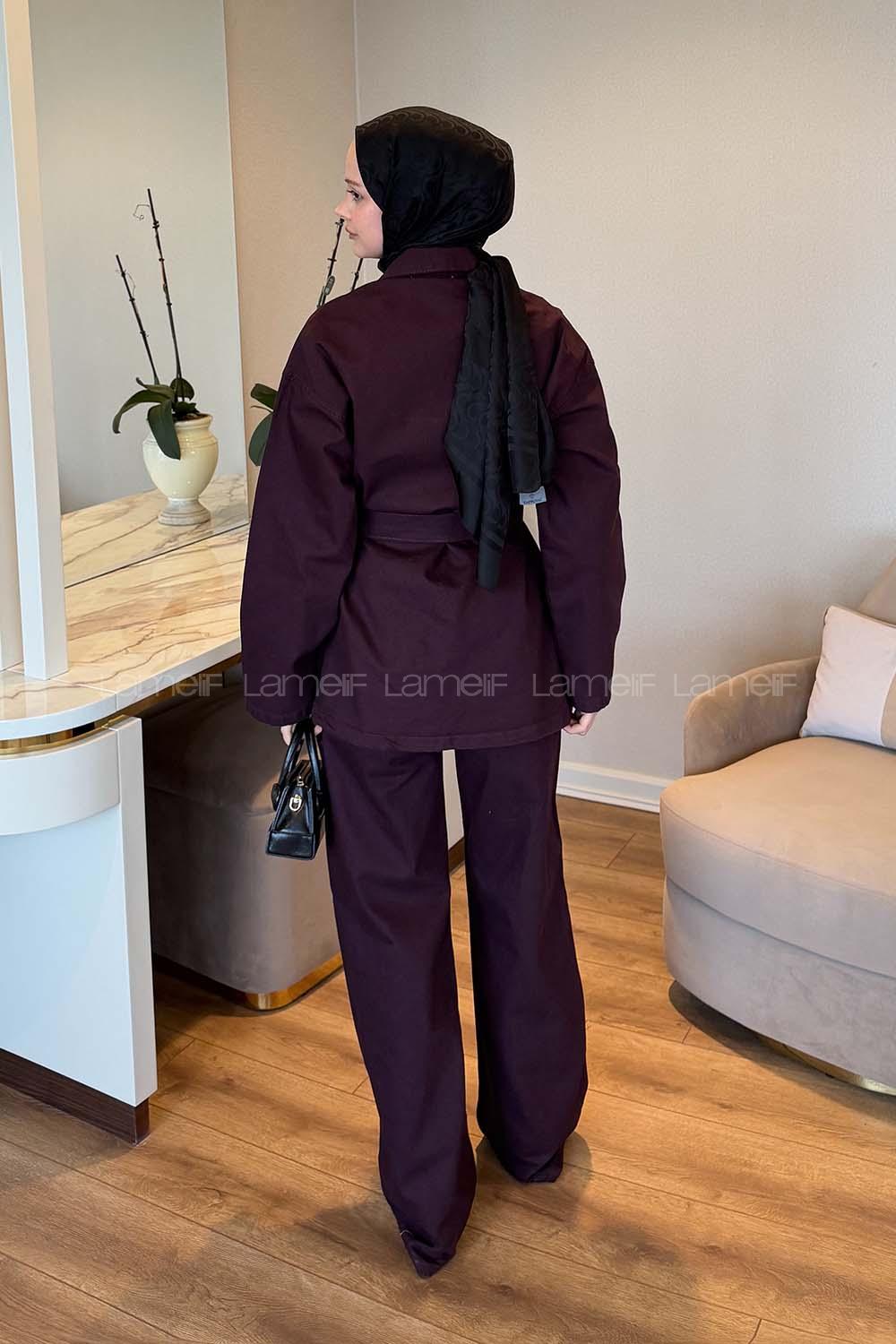 Lamelif Bağlama Detaylı Kot Takım Mürdüm