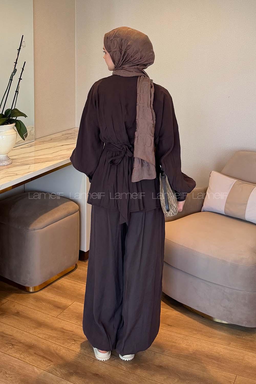 Bitter Brown V Neck Long Arm Modal Elastic Trousers Comfortable Suit