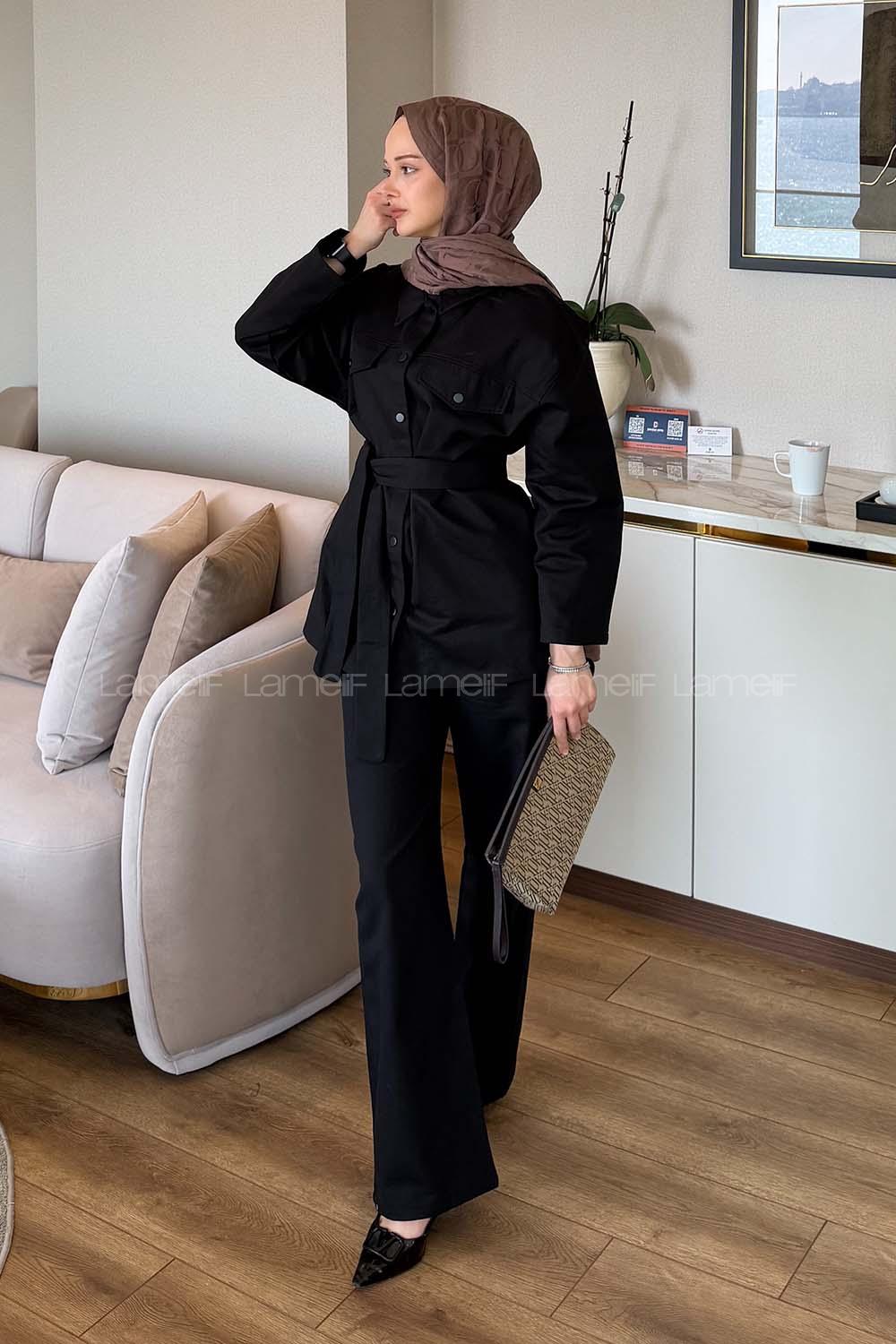 Black Shirt Collar Long Arm Gabardin Regular Trousers Linen Suit