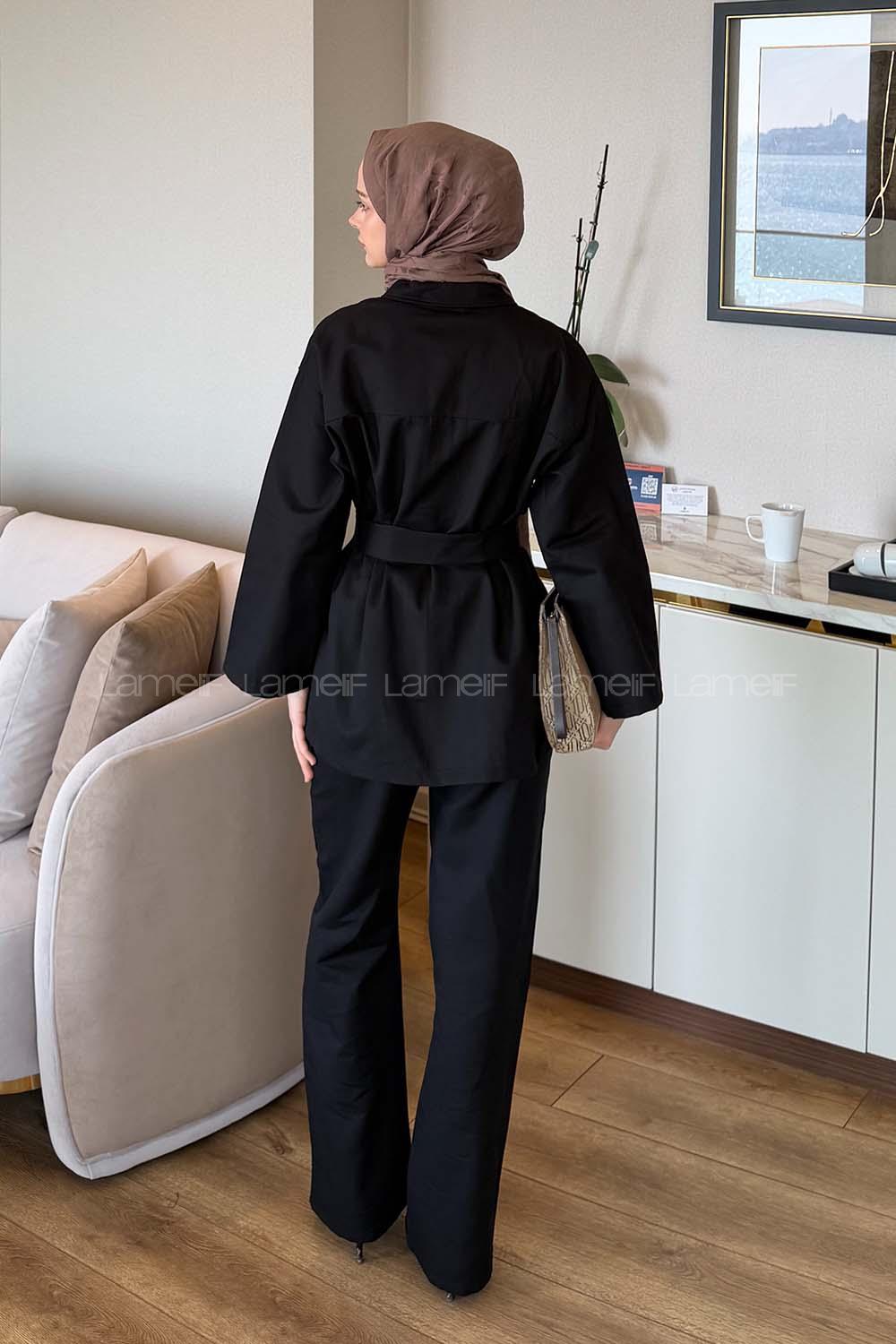 Black Shirt Collar Long Arm Gabardin Regular Trousers Linen Suit