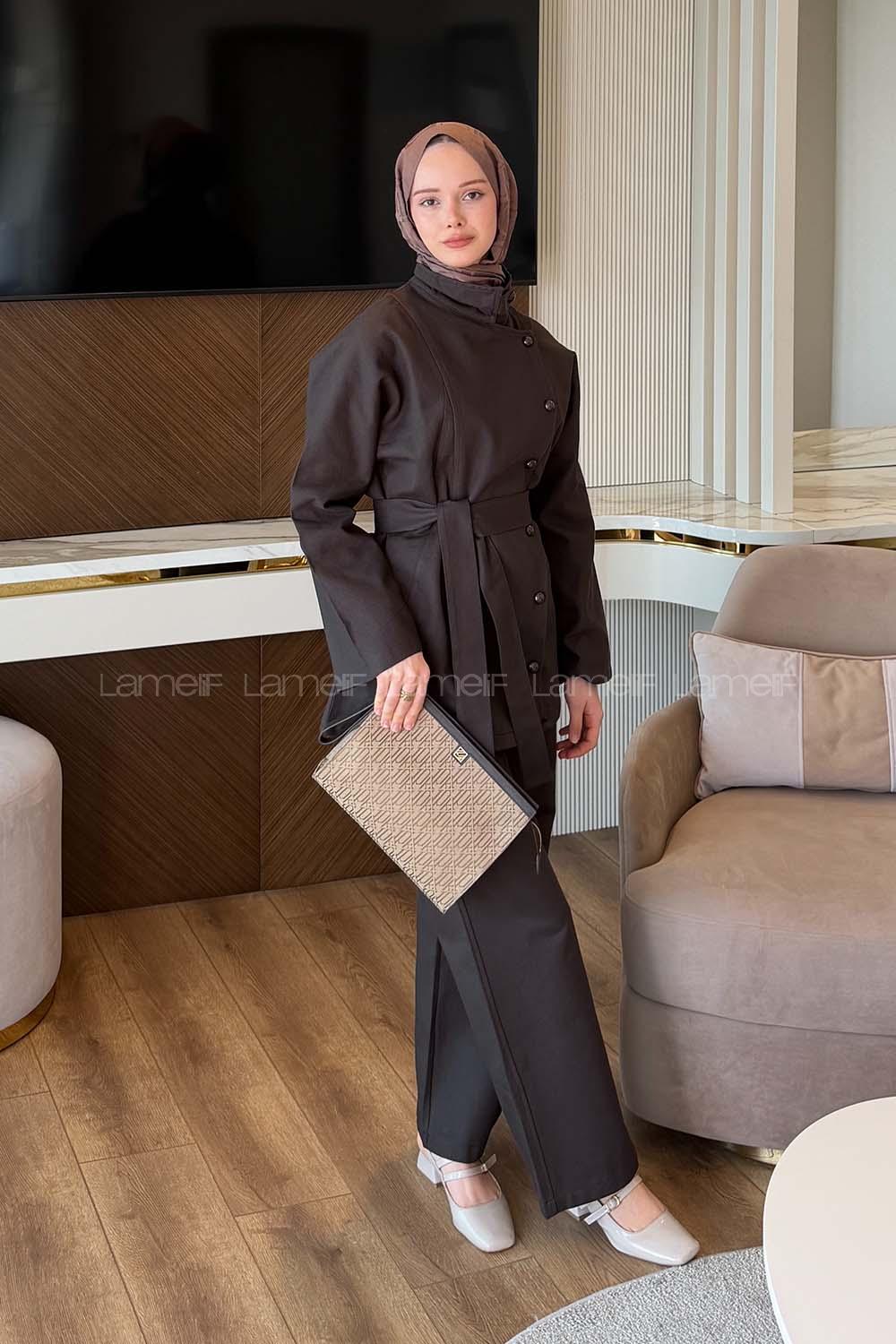 Dark Brown Mandarin Collar Long Arm Gabardin Regular Trousers Linen Suit