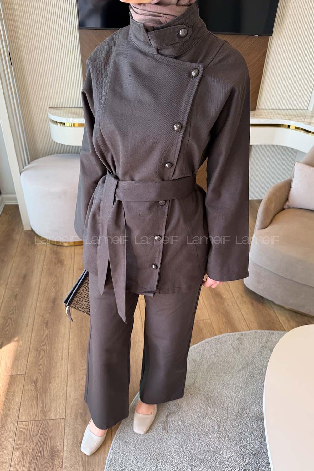 Dark Brown Mandarin Collar Long Arm Gabardin Regular Trousers Linen Suit