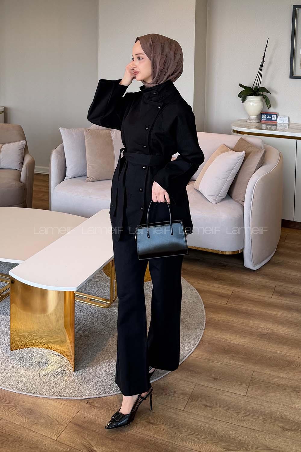 Black Mandarin Collar Long Arm Gabardin Regular Trousers Linen Suit