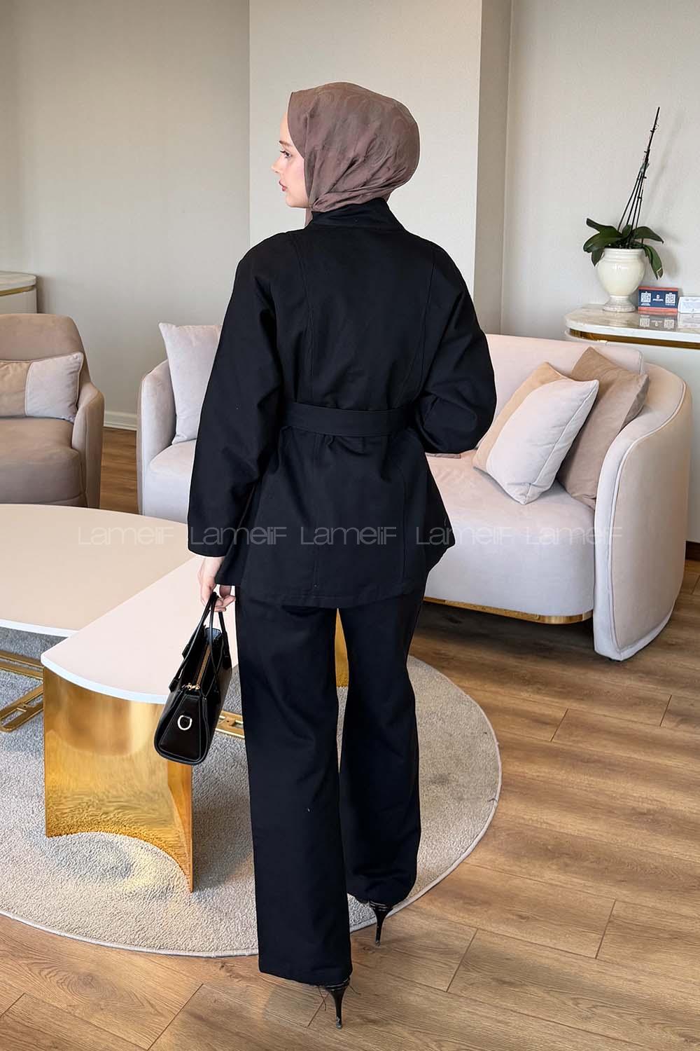 Black Mandarin Collar Long Arm Gabardin Regular Trousers Linen Suit
