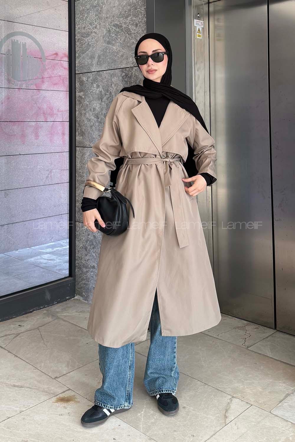 Dark Mink Long Arm Belted Parachute Fabric Trench Coat
