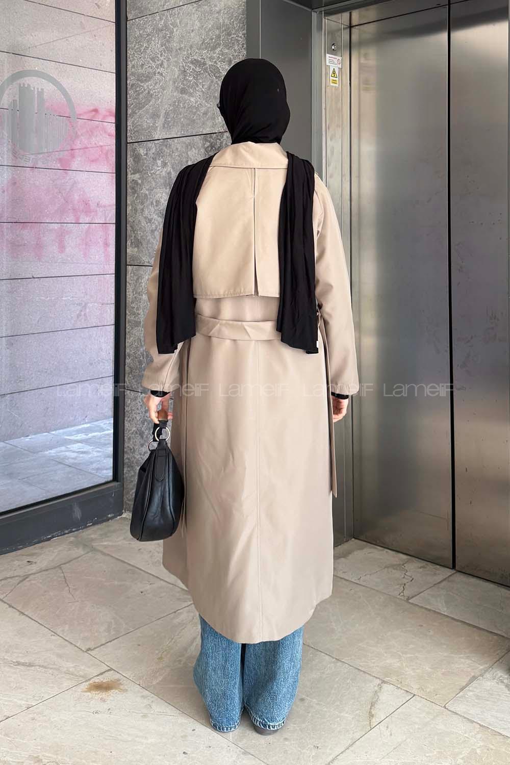 Dark Mink Long Arm Belted Parachute Fabric Trench Coat