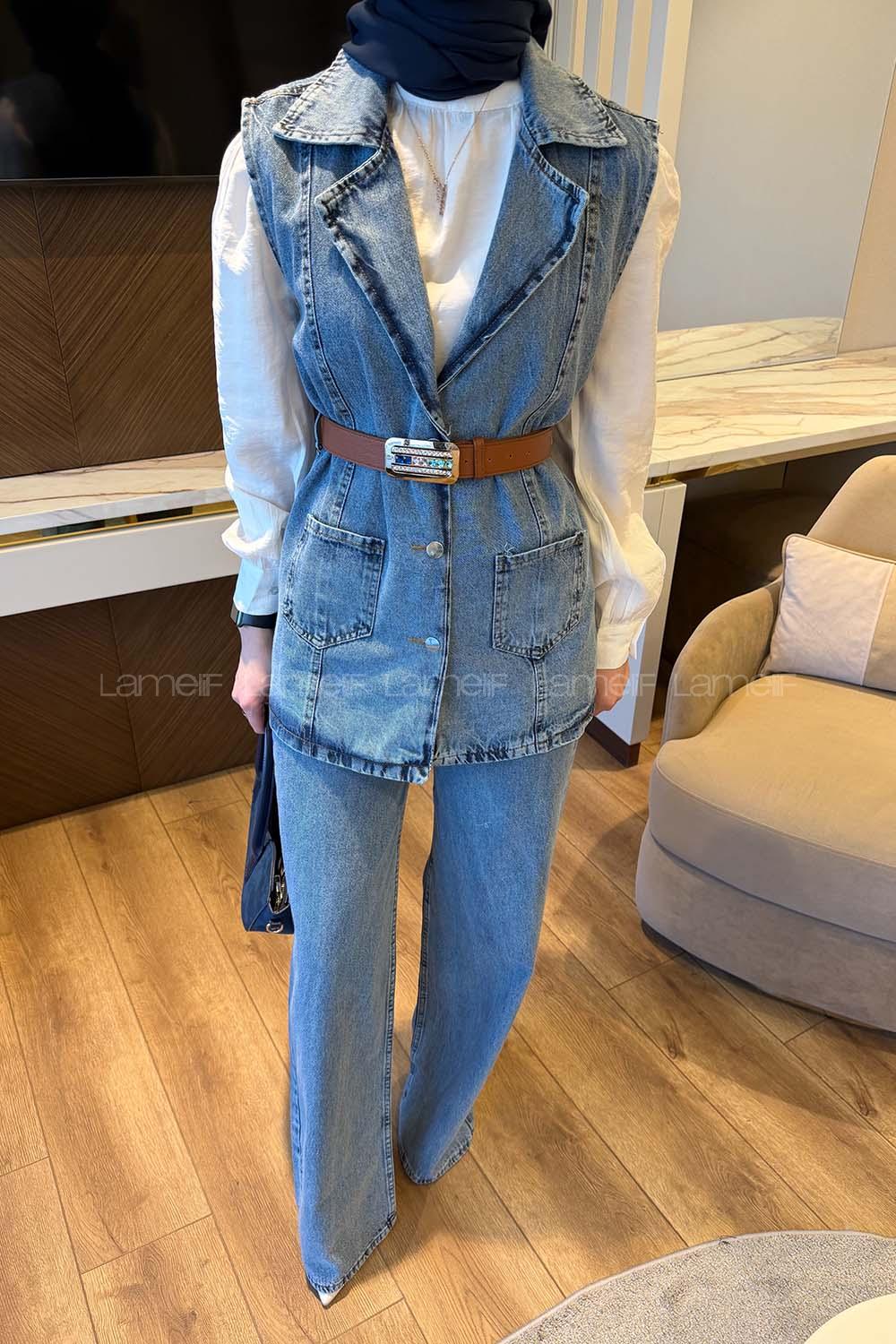 Lamelif Kemerli Yelek-Pantolon Takım Buz Mavisi