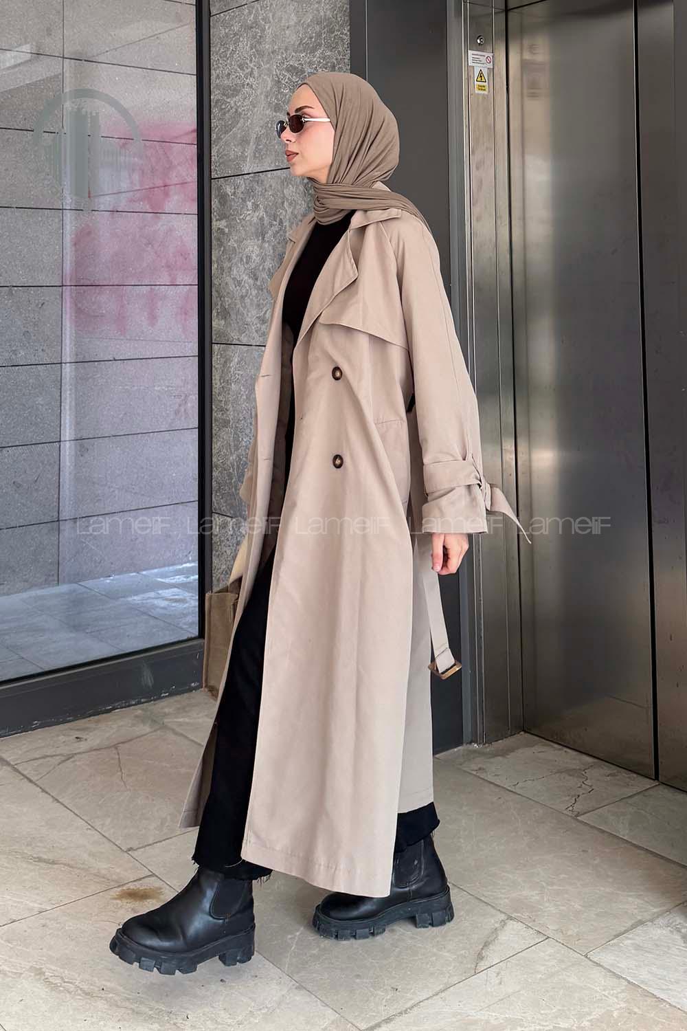 Lamelif Kol Kemerli Trençkot Vizonrengi
