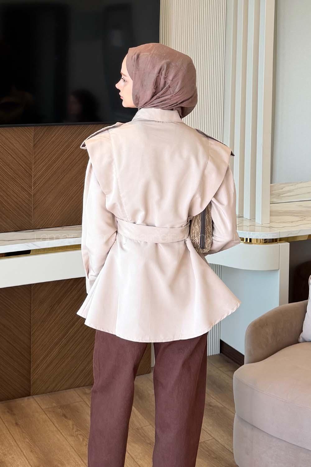 Lamelif Kol Pileli Omuz Apolelti Trenç Taş Rengi