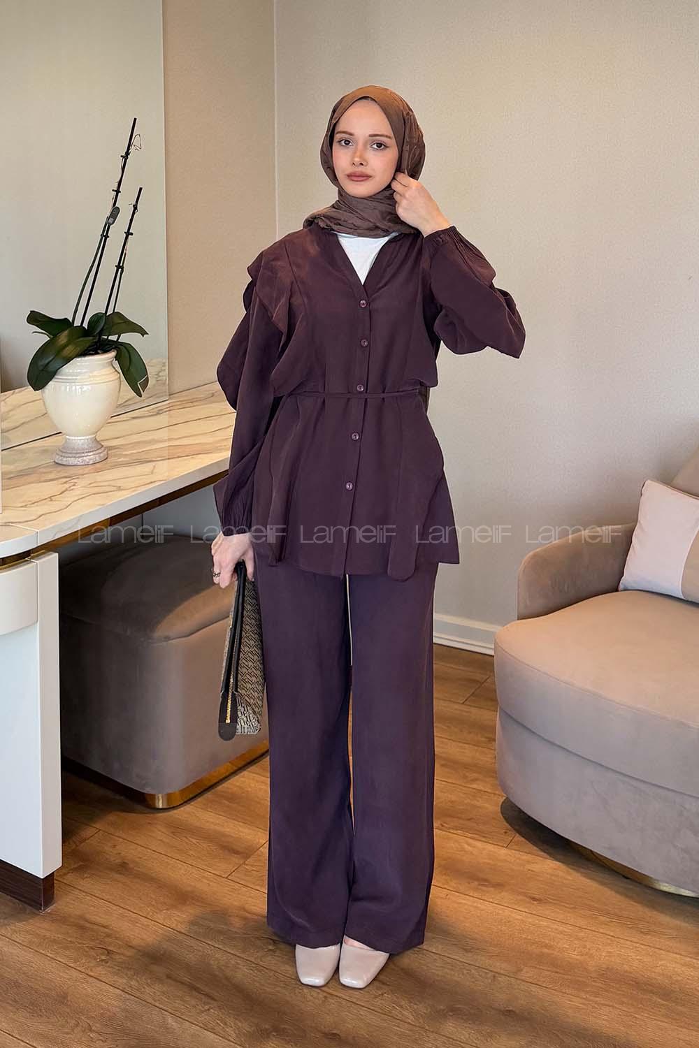 Lamelif Kolu Fırfırlı Takım Mürdüm