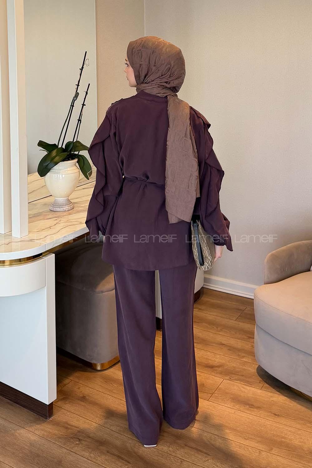 Lamelif Kolu Fırfırlı Takım Mürdüm