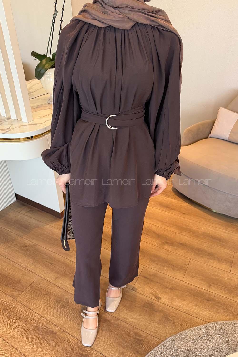 Dark Brown Crew Neck Long Arm Modal Regular Trousers Comfortable Suit