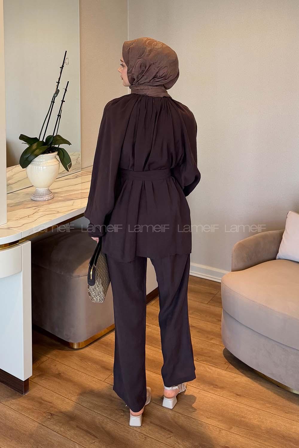 Dark Brown Crew Neck Long Arm Modal Regular Trousers Comfortable Suit