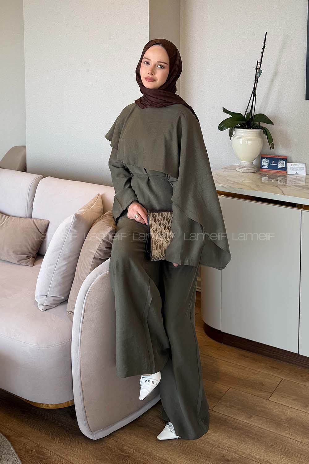 Khaki Crew Neck Long Arm Tensel Regular Trousers Comfortable Suit