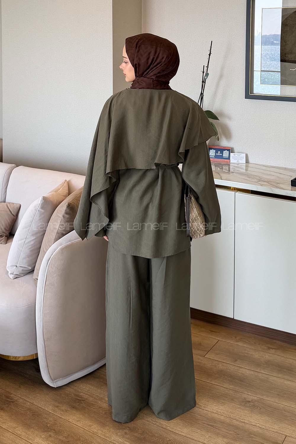 Khaki Crew Neck Long Arm Tensel Regular Trousers Comfortable Suit