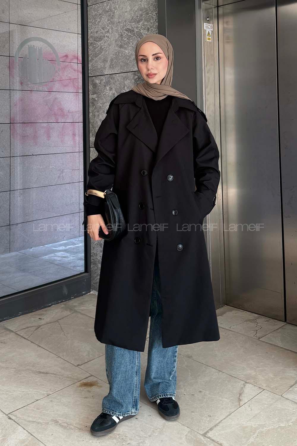 Lamelif Reglan Kol Düğmeli Trenç Siyah