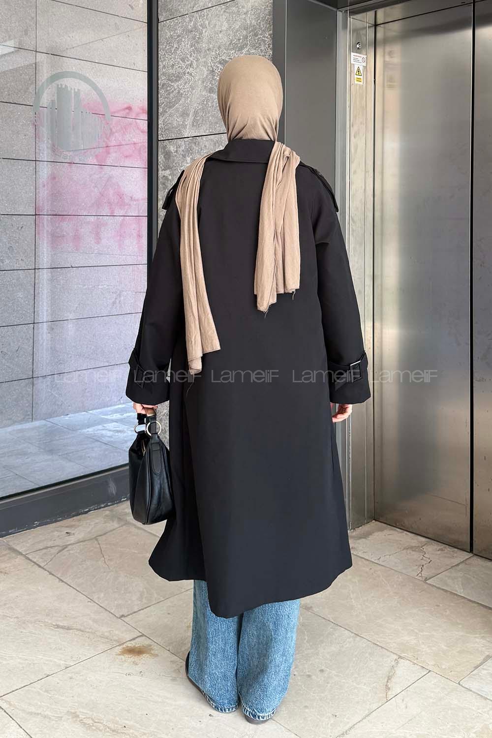 Lamelif Reglan Kol Düğmeli Trenç Siyah