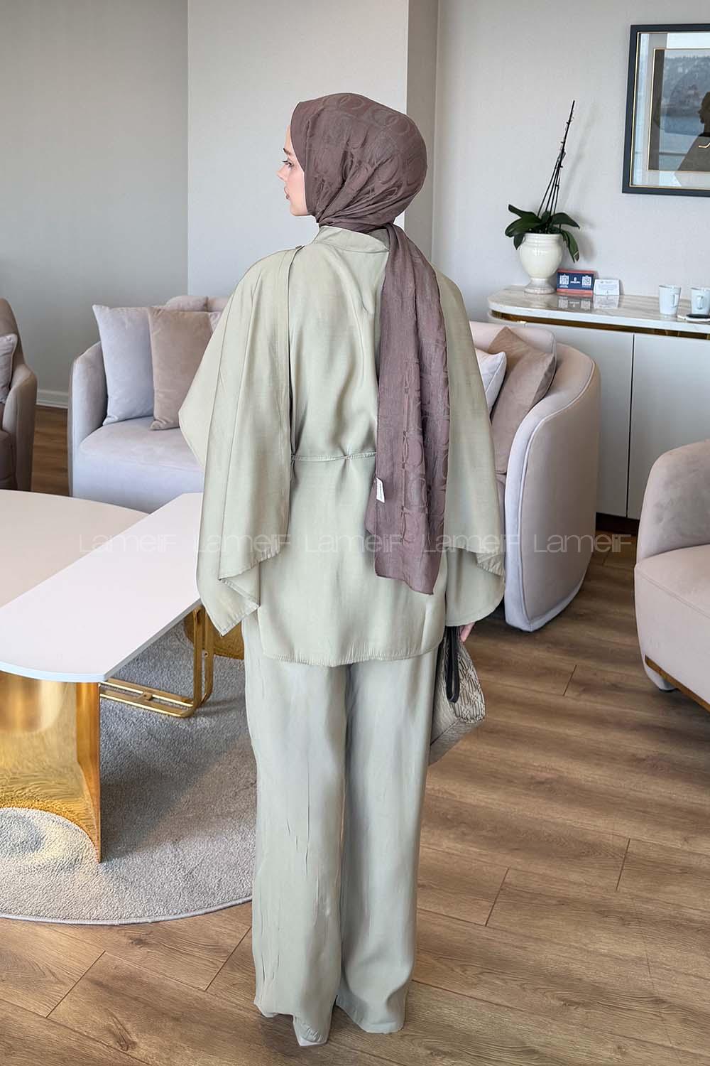 Beige Crew Neck Long Arm Viscose Fabric Regular Trousers Comfortable Suit