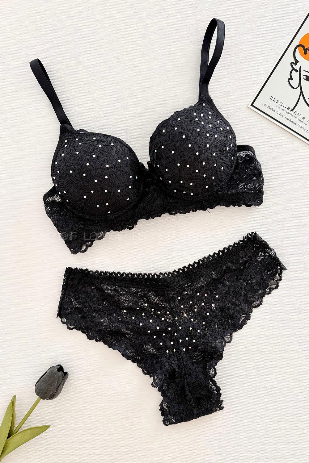 Lamelif Taşlı Dantelli Destekli Sütyen Takım