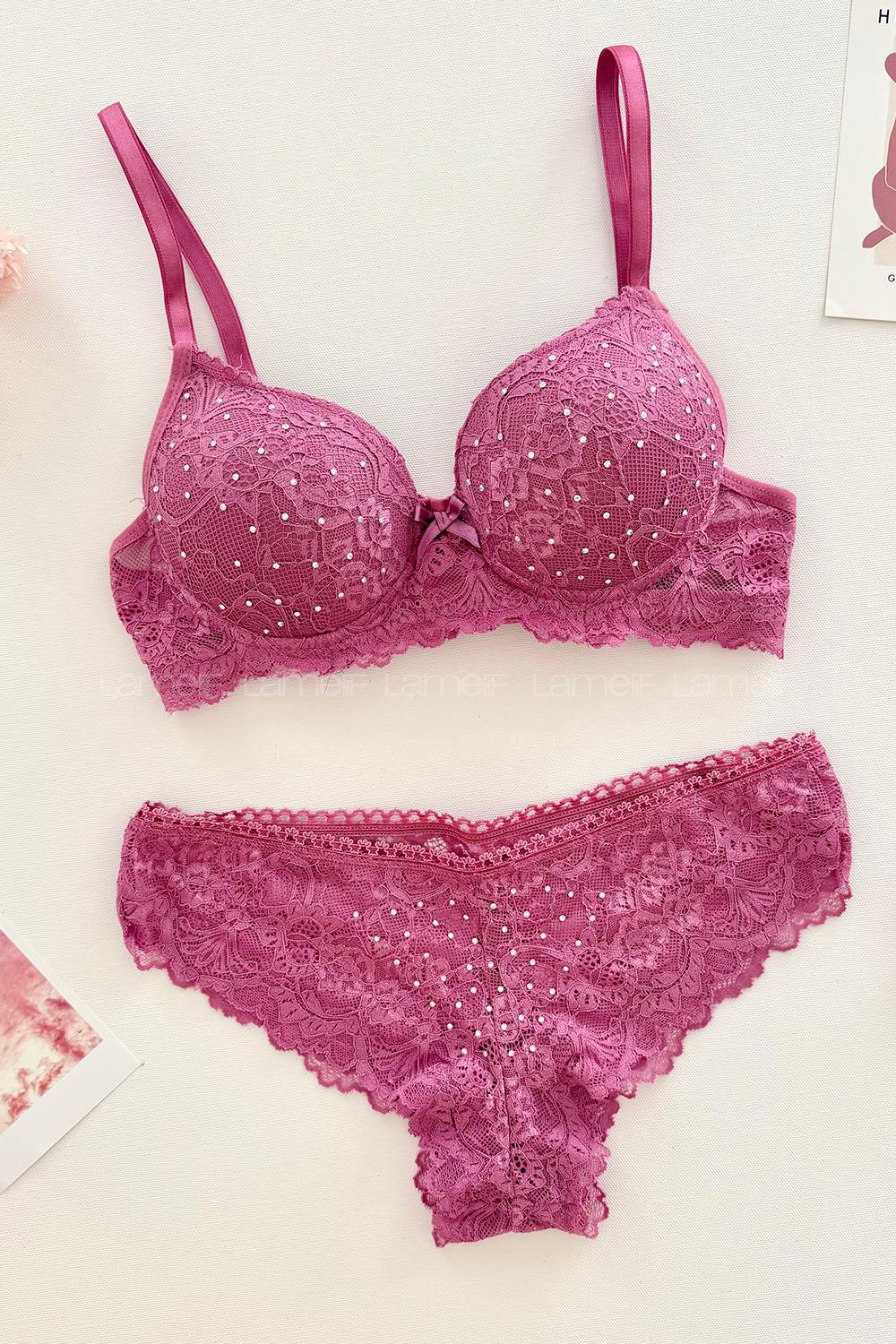 Lamelif Taşlı Dantelli Destekli Sütyen Takım