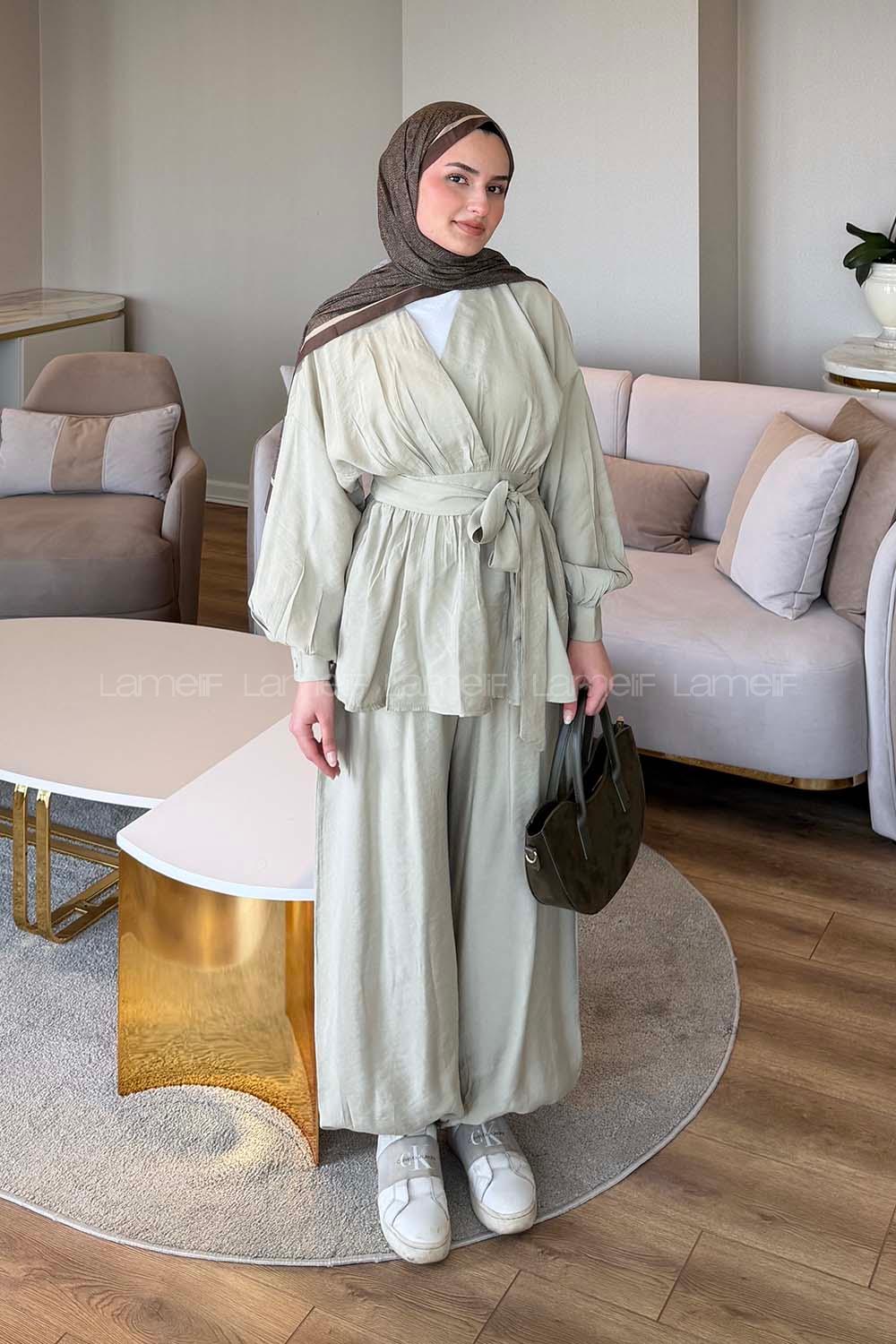 Musty Green V Neck Long Arm Modal Elastic Trousers Comfortable Suit