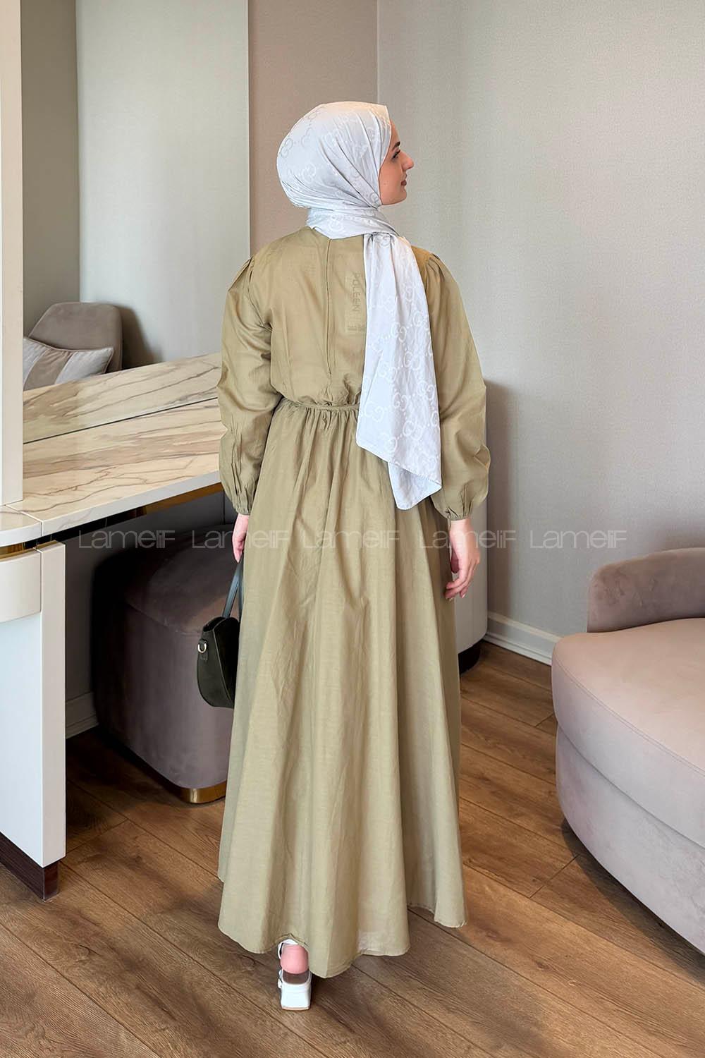 Lamelif Bel Büzgülü Elbise Haki