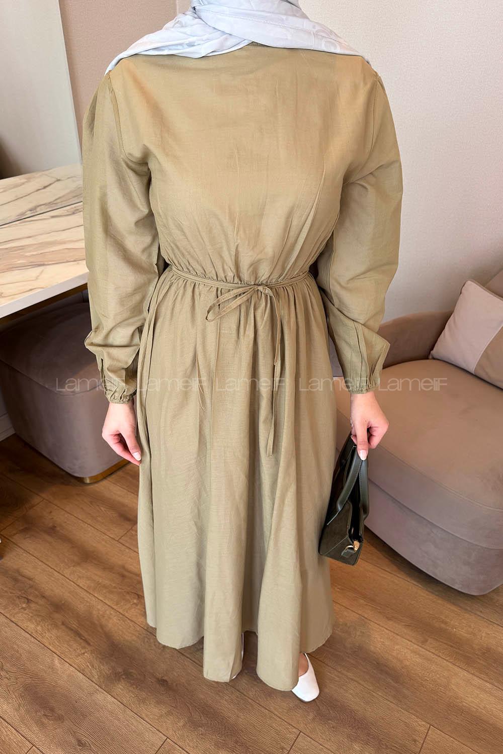 Lamelif Bel Büzgülü Elbise Haki