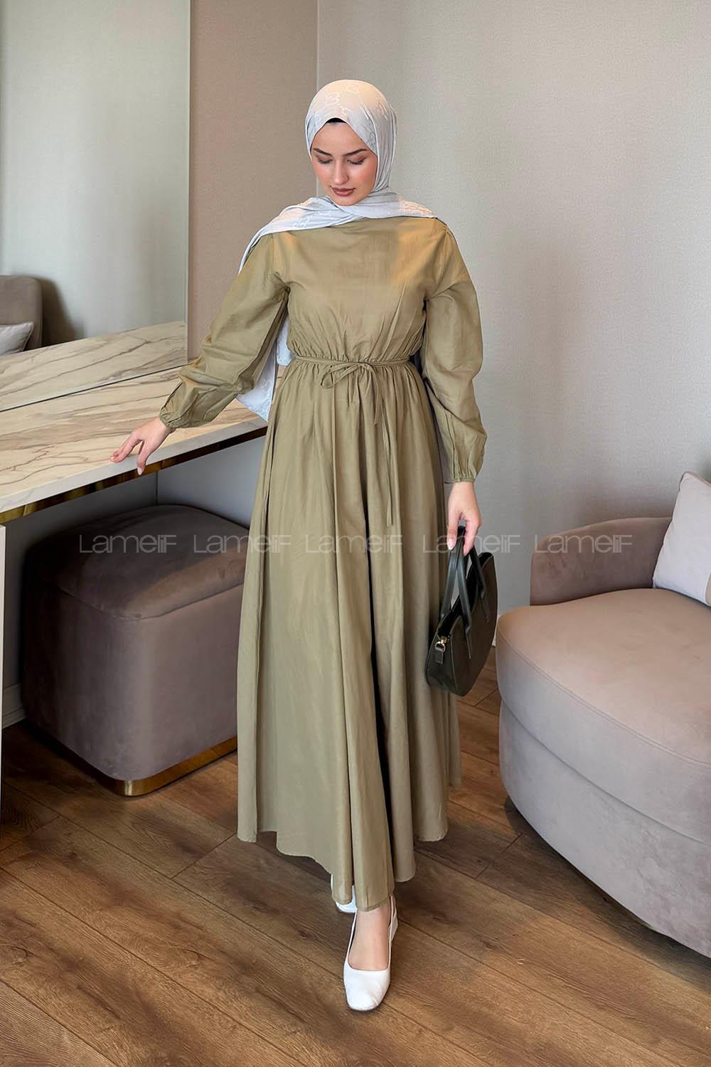 Lamelif Bel Büzgülü Elbise Haki
