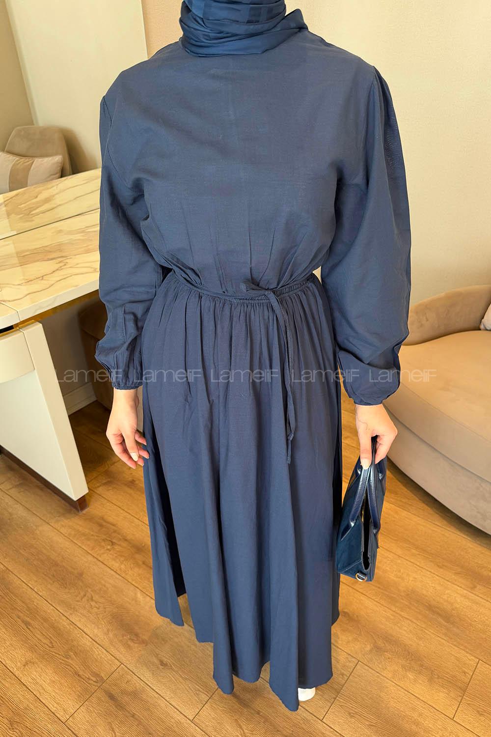 Lamelif Bel Büzgülü Elbise Lacivert