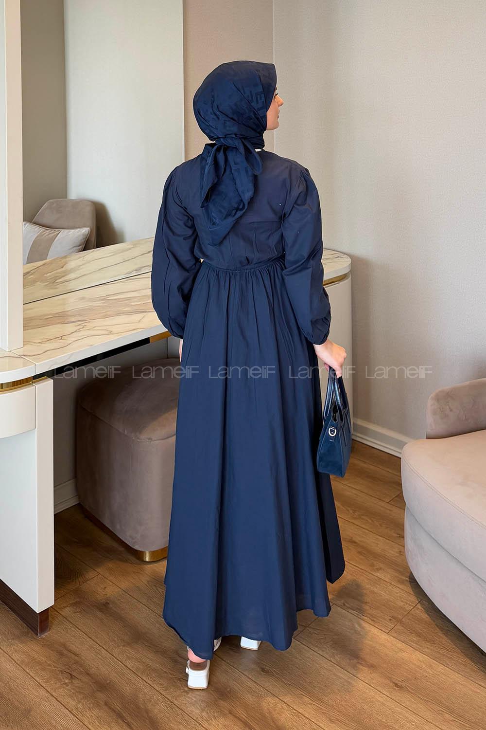 Lamelif Bel Büzgülü Elbise Lacivert