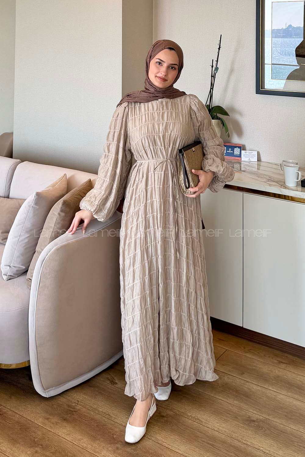 Beige Crew Neck Modal Dresess