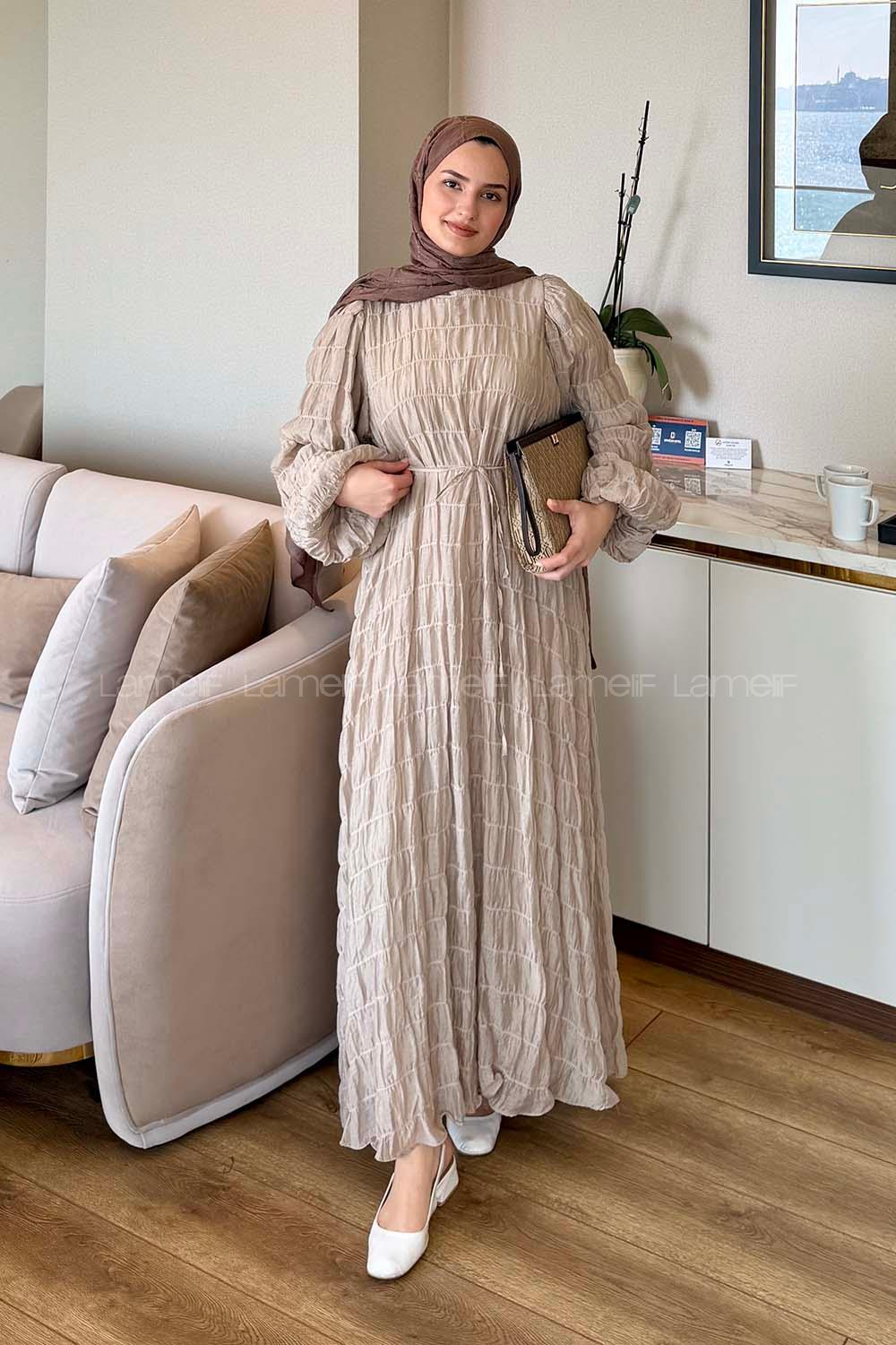 Beige Crew Neck Modal Dresess