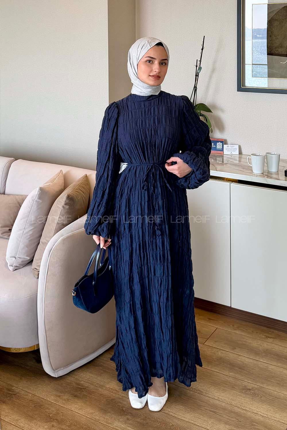 Lamelif Gipeli Modal Tesettür Elbise Lacivert