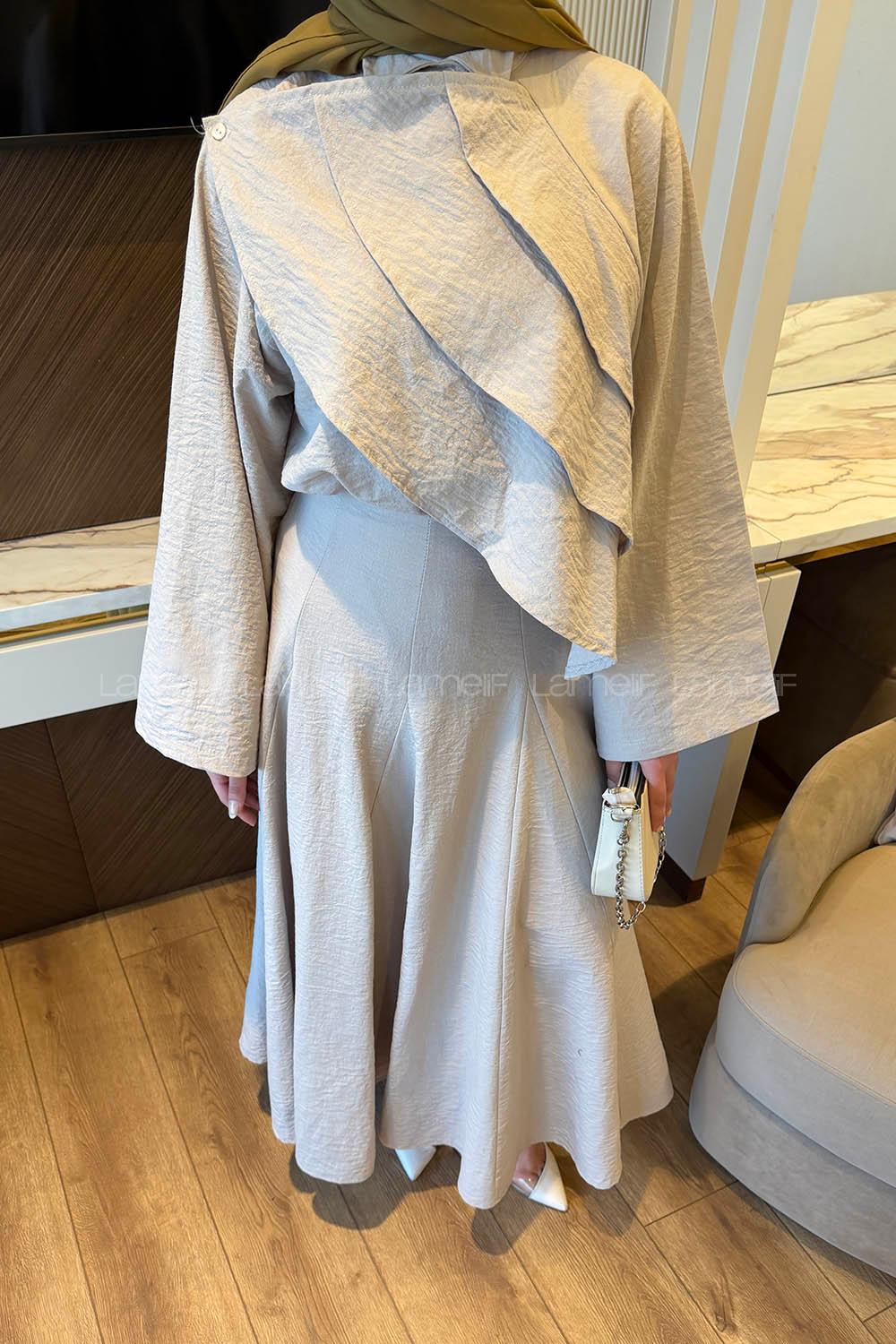 Stone Shirt Collar Long Arm Linen Straight Skirt Suit