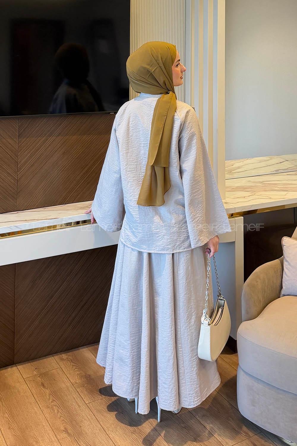 Stone Shirt Collar Long Arm Linen Straight Skirt Suit
