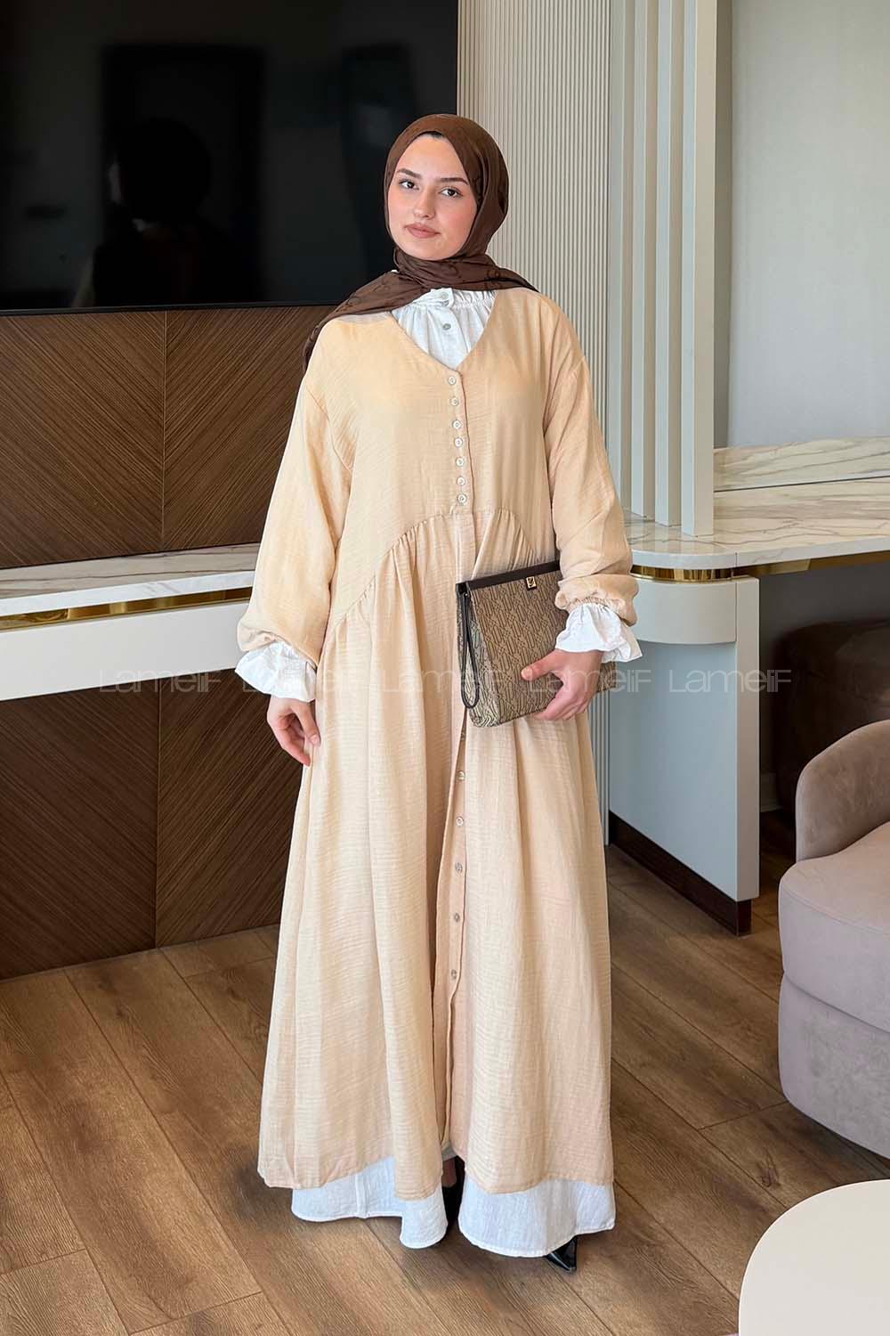 Lamelif Müslin Maksi Boy Elbise Sütlü Kahve