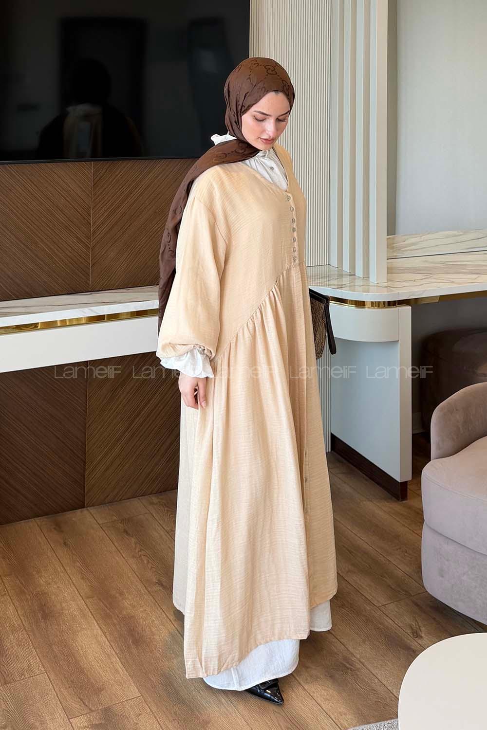 Lamelif Müslin Maksi Boy Elbise Sütlü Kahve