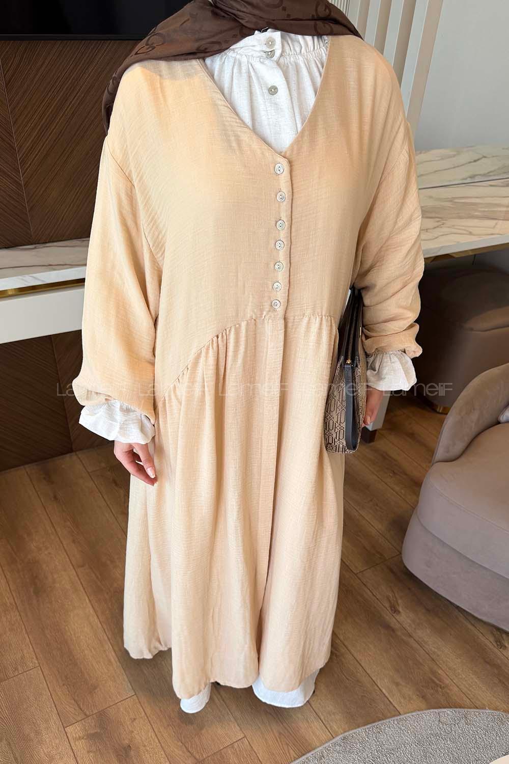 Lamelif Müslin Maksi Boy Elbise Sütlü Kahve