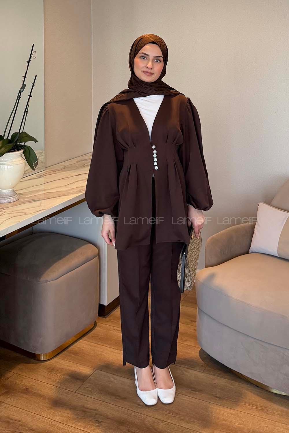 Lamelif Taşlı Düğme Detaylı Takım Koyu Kahverengi