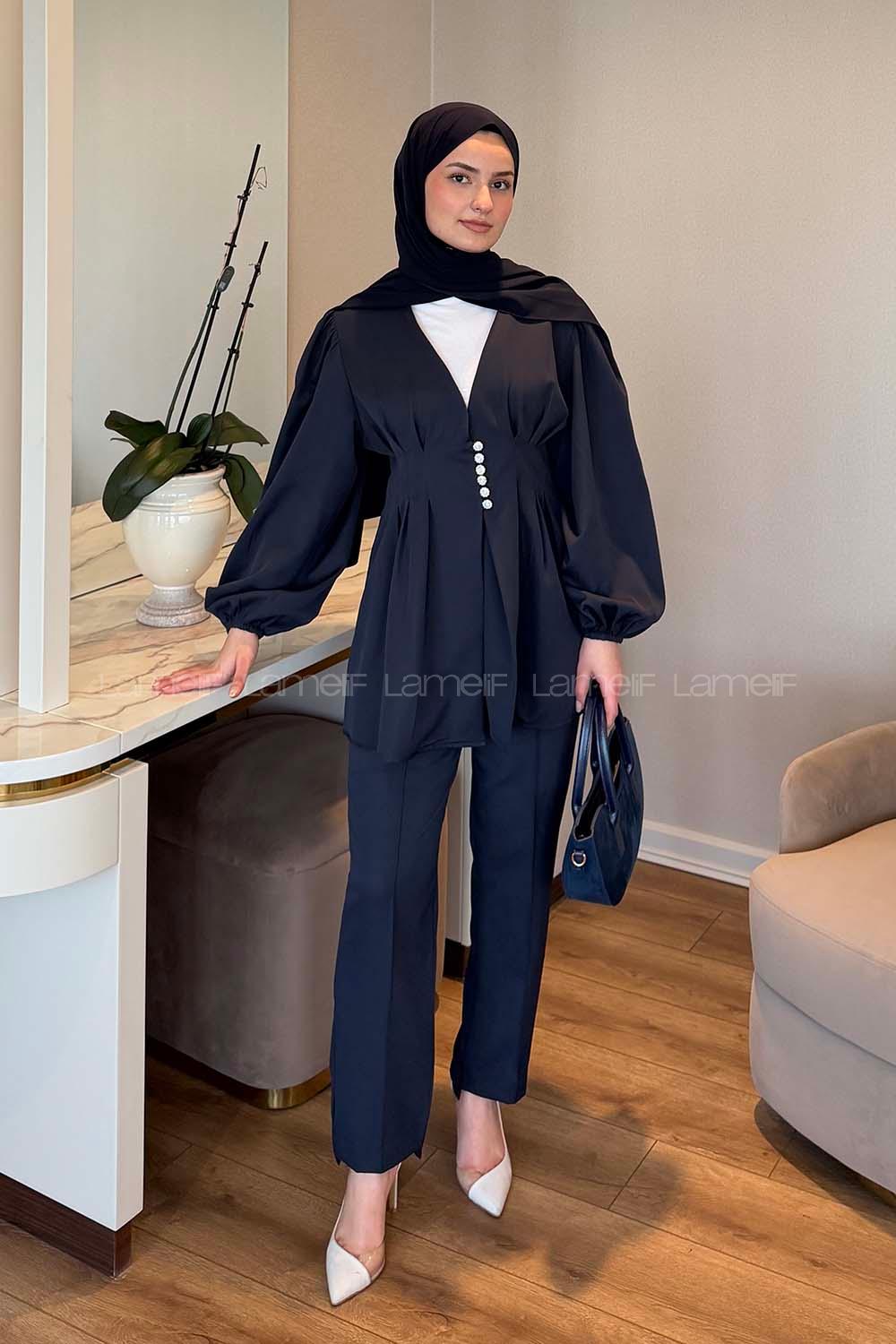 Lamelif Taşlı Düğme Detaylı Takım Lacivert