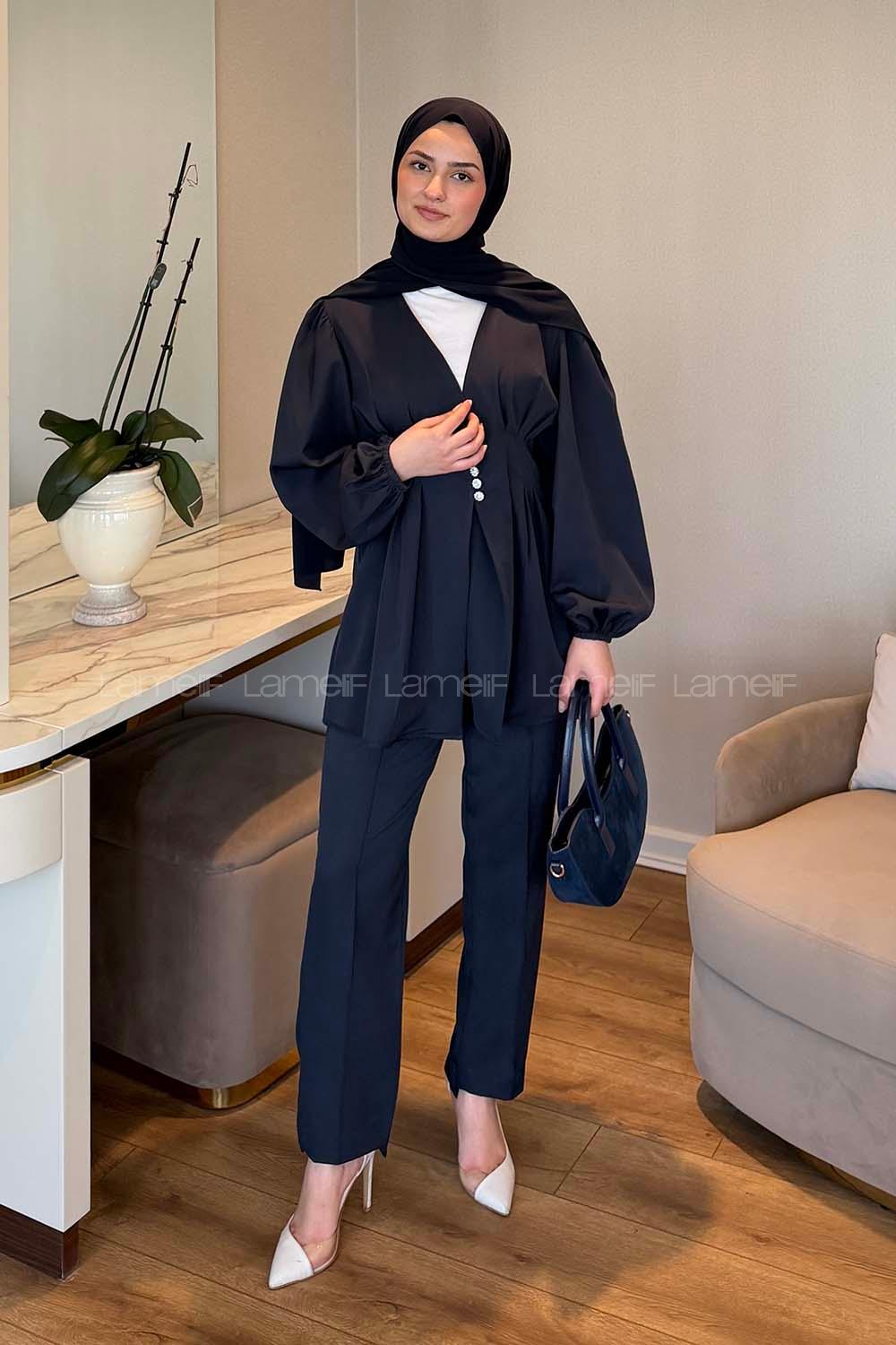 Lamelif Taşlı Düğme Detaylı Takım Lacivert